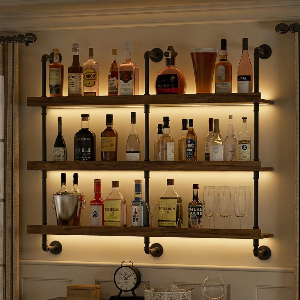 Home Bar Shelf - Portabottiglie da parete con luce LED,