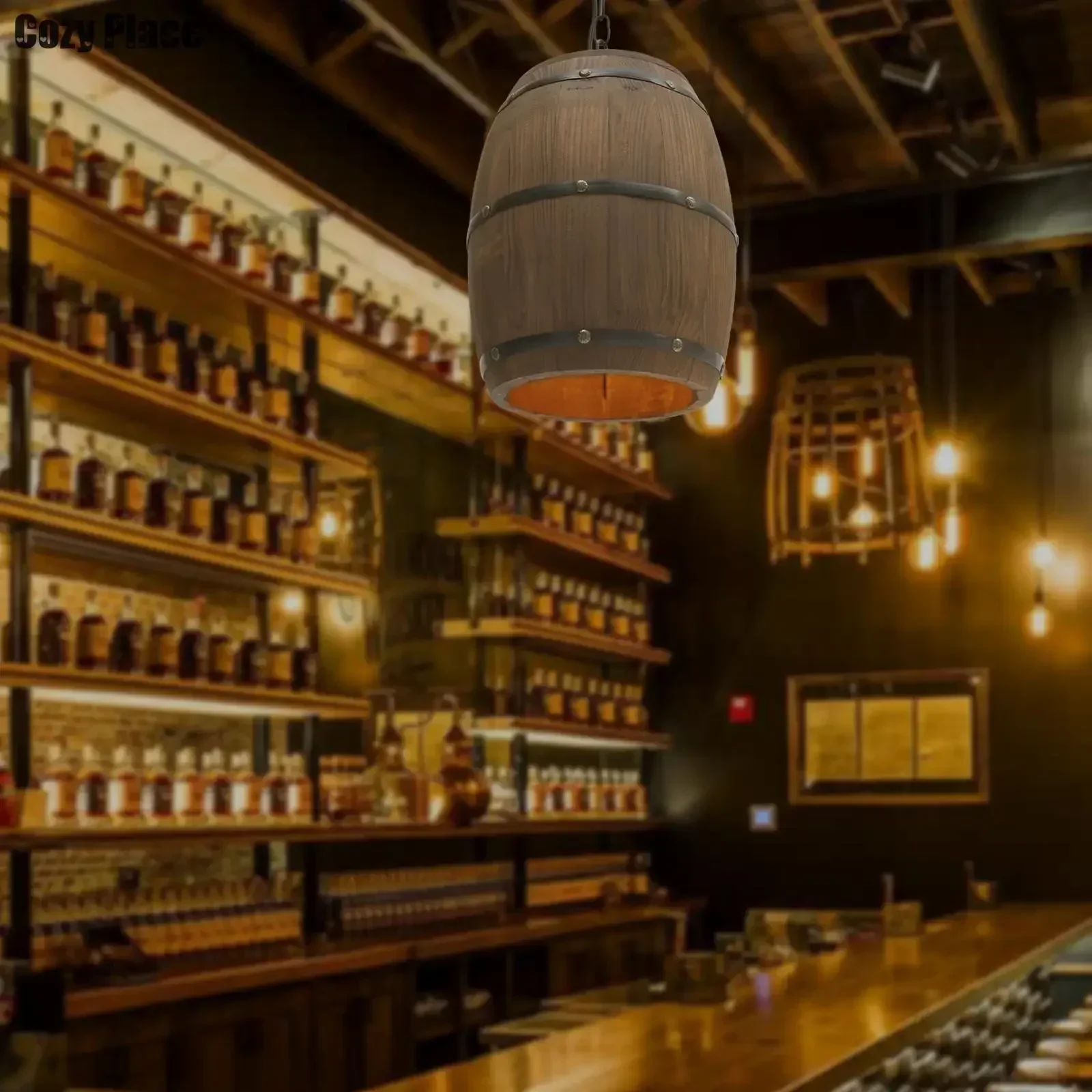 Home Bar Cafe - Lampada Rustica Vintage, Lampadario in Legno,